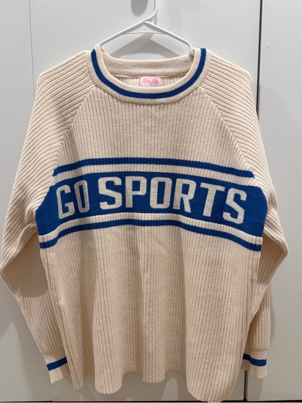 NWOT Pink Lily Cream Sweater with Blue 'GO SPORTS' Stripe